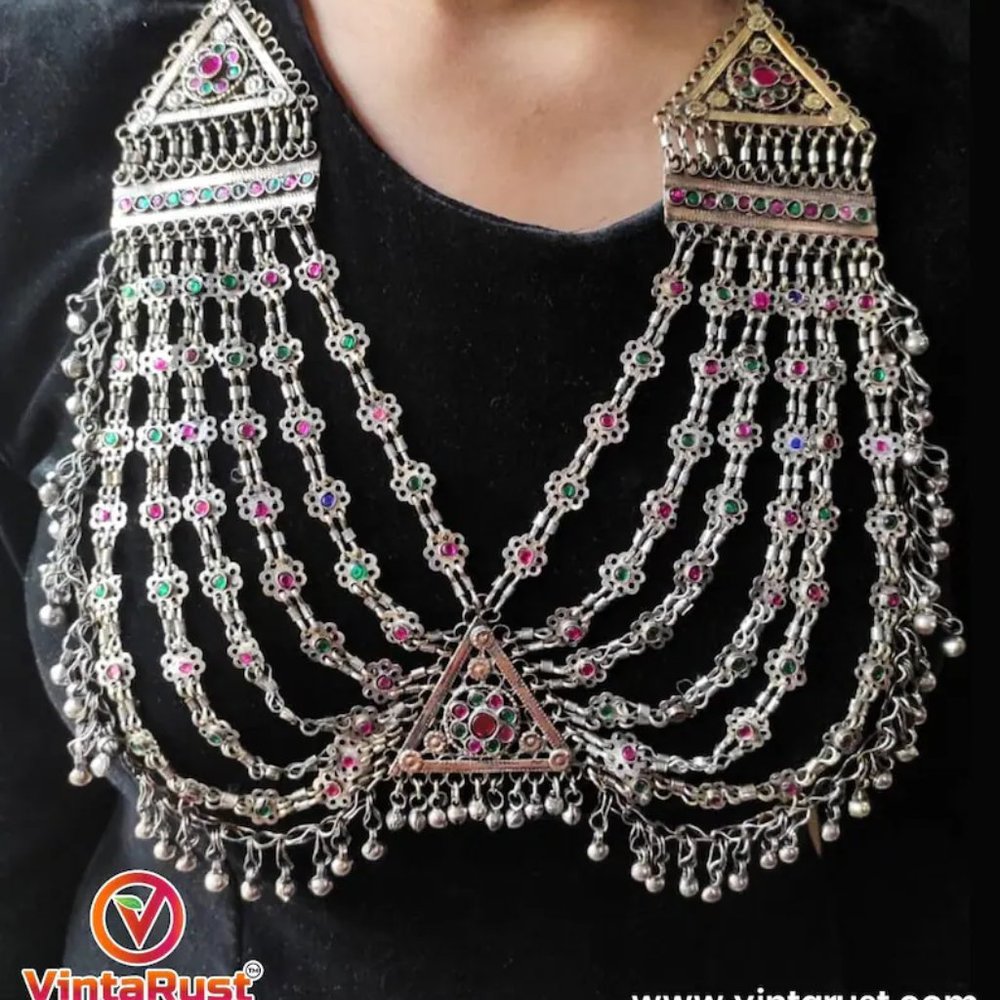 Vintage Afghan Kuchi Bib Necklace: Silver Tone, Colorful Stones